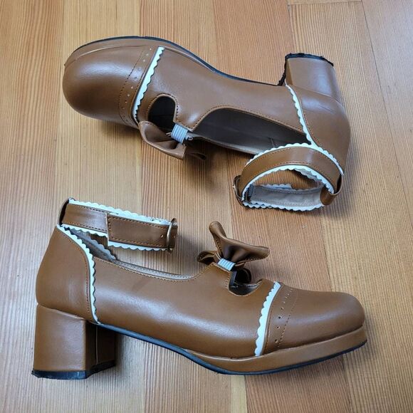 Gingerbread brown mary janes block heel bow detail white scalloped accent lolita - Picture 1 of 8